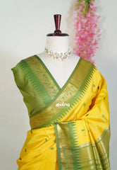 Greenish Yellow - Manjari - Raw Silk Saree with Yannai Border and Buttas - Best for Small Functions