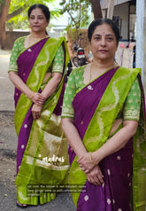 Brinjal purple - Durga banarasi mashru silk with antique zari border and buttas - Perfect for Wedding Functions
