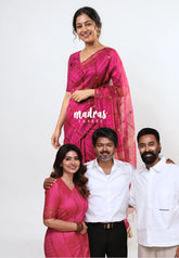 Fuchsia Pink - Pure Matka Silk with Gold-coin Buttas - with Silk Mark Certificate