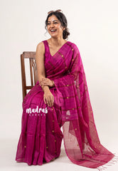 (PRE-BOOKING) Fuchsia Pink - Pure Matka Silk with Gold-coin Buttas - with Silk Mark Certificate