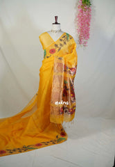 Saffron Yellow - Handloom Silk Linen Jamdani Saree - With Handloom Mark