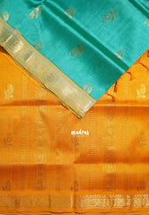 Aqua Green - Meenakshi - Light Weight Pure Silk Cotton Saree Annam Border with Buttas Contrast Pallu and Blouse - Perfect for Wedding Functions