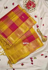 Yellowish Green with Pink - Meenakshi - Light Weight Pure Silk Cotton Saree Vintage Paalum Pazhamum Checks with Getti Border and Buttas - Perfect for Wedding Functions