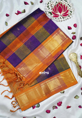 Orange with Violet - Meenakshi - Light Weight Pure Silk Cotton Saree Vintage Paalum Pazhamum Checks with Getti Border and Buttas - Perfect for Wedding Functions