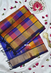 Multicolor With Blue Border - Meenakshi - Light Weight Pure Silk Cotton Saree Vintage Paalum Pazhamum Checks with Stripes Zari Weaving with Getti Border - Perfect for Wedding Functions