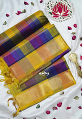 Multicolor With Greenish Yellow Border - Meenakshi - Light Weight Pure Silk Cotton Saree Vintage Paalum Pazhamum Checks with Stripes Zari Weaving with Getti Border - Perfect for Wedding Functions