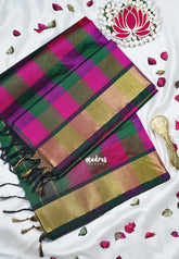 Green with Pink - Meenakshi - Light Weight Pure Silk Cotton Saree Checks with Stripes Weaving with Getti Border - Perfect for Wedding Functions
