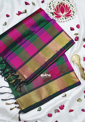 Green with Pink - Meenakshi - Light Weight Pure Silk Cotton Saree Checks with Stripes Weaving with Getti Border - Perfect for Wedding Functions