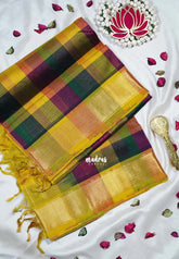Multicolor With Greenish Yellow Border - Meenakshi - Light Weight Pure Silk Cotton Saree Vintage Paalum Pazhamum Checks with Stripes Zari Weaving with Getti Border - Perfect for Wedding Functions