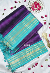 Rich Purple - Meenakshi - Light Weight Pure Silk Cotton Saree Muthu Kattam with Mayil Border Contrast Pallu and Blouse - Perfect for Wedding Functions