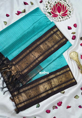 Bluish Green- Meenakshi - Light Weight Pure Silk Cotton Saree Muthu Kattam Yanai, Mayil Border Contrast Pallu and Blouse - Perfect for Wedding Functions