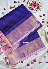 Dual Shade Violet Blue - Meenakshi - Light Weight Pure Silk Cotton Saree Laksham Buttas in Checks Body with Mayil Border - Perfect for Wedding Functions
