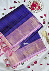 Dual Shade Violet Blue - Meenakshi - Light Weight Pure Silk Cotton Saree Laksham Buttas in Checks Body with Mayil Border - Perfect for Wedding Functions