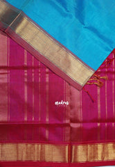 Bright Sky Blue - Meenakshi - Light Weight Pure Silk Cotton Saree Plain with Getti Border Contrast Pallu and Blouse - Perfect for Wedding Functions