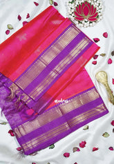 Dual Shade Bright Pink - Meenakshi - Light Weight Pure Silk Cotton Saree Traditional Border with Buttas Contrast Pallu and Blouse - Perfect for Wedding Functions