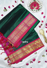 Royal Emerald Green - Meenakshi - Pure Silk Cotton Saree Plain with Rettapet Floral Border Contrast Pallu and Blouse - Perfect for Wedding Functions