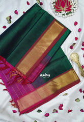 Bottle Green - Meenakshi - Light Weight Pure Silk Cotton Saree Plain with Getti Border Contrast Pallu and Blouse - Perfect for Wedding Functions