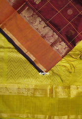 Arakku Maroon - Meenakshi - Light Weight Pure Silk Cotton Saree Big Checks with Annam Skirt Border Contrast Pallu and Blouse - Perfect for Wedding Functions