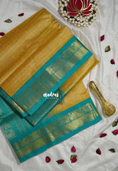 Golden Sandal - Meenakshi - Light Weight Pure Silk Cotton Saree Zari Checks Weaving with Temple, Mayil Border Contrast Pallu and Blouse - Perfect for Wedding Functions