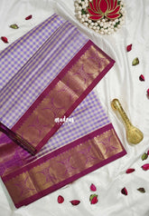 Lavender and Beige - Meenakshi - Light Weight Pure Silk Cotton Saree Madras Checks with Rudraksham Border Contrast Pallu and Blouse - Perfect for Wedding Functions