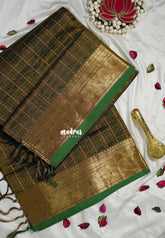 Olive Green - Meenakshi - Light Weight Pure Silk Cotton Saree Laksham Buttas in Checks Body with Mayil Border - Perfect for Wedding Functions