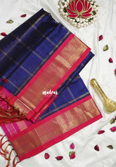 Navy Blue - Meenakshi - Light Weight Pure Silk Cotton Saree Zari Checks Weaving with Traditional Border Contrast Pallu and Blouse - Perfect for Wedding Functions