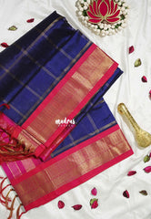 Navy Blue - Meenakshi - Light Weight Pure Silk Cotton Saree Zari Checks Weaving with Traditional Border Contrast Pallu and Blouse - Perfect for Wedding Functions