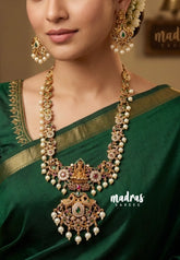 Premium 1 Gram Gold polish AD Stone Trendy Lakshmi Pendant Bridal long Necklace with Earrings