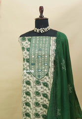 Amitha – Ivory with Green - Mirror work Yoke prewashed pure cotton salwar material and silk dupatta - Best for Office Wear