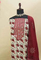 Amitha – Ivory with Maroon - Mirror work Yoke prewashed pure cotton salwar material and silk dupatta - Best for Office Wear