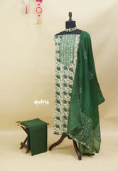 Amitha – Ivory with Green - Mirror work Yoke prewashed pure cotton salwar material and silk dupatta - Best for Office Wear
