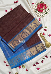 Coffee Podi Brown - Mookuthi Amman Silk Cotton Checks with Laksha Deepam Yaanai Border Contrast Pallu and Blouse - Perfect for Wedding Functions