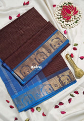 Coffee Podi Brown - Mookuthi Amman Silk Cotton Checks with Laksha Deepam Yaanai Border Contrast Pallu and Blouse - Perfect for Wedding Functions