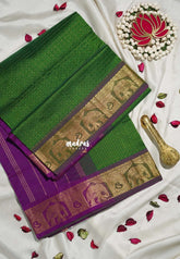 Vintage Green - Mookuthi Amman Silk Cotton Checks with Laksha Deepam Yaanai Border Contrast Pallu and Blouse - Perfect for Wedding Functions