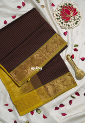 Coffee Podi Brown - Mookuthi Amman Silk Cotton Muthu Kattam with Mango Border Contrast Pallu and Blouse - Perfect for Wedding Functions