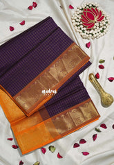 Dark Jamun Purple - Mookuthi Amman Silk Cotton Muthu Kattam with Double Border Contrast Pallu and Blouse - Perfect for Wedding Functions