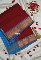 Dual Shade Araku Maroon - Mookuthi Amman Silk Cotton Vaira Oosi Weavig with Yaanai, Mayil Border Contrast Pallu and Blouse - Perfect for Wedding Functions