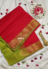 Crimson Red - Mookuthi Amman Plain Silk Cotton with Rudraksham Border Contrast Pallu and Blouse - Perfect for Wedding Functions