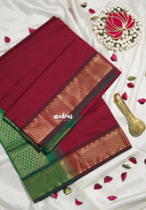 Majestic Maroon - Mookuthi Amman Plain Silk Cotton with Traditional Gadwal Border Contrast Pallu and Blouse - Perfect for Wedding Functions