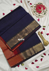 Midnight Blue with Maroon - Mookuthi Amman Plain Silk Cotton with Traditional Gadwal Border Contrast Pallu and Blouse - Perfect for Wedding Functions