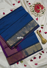 Peacock Blue - Mookuthi Amman Plain Silk Cotton with Traditional Gadwal Border Contrast Pallu and Blouse - Perfect for Wedding Functions