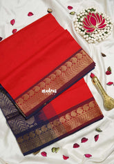 Neon Orange - Mookuthi Amman Plain Silk Cotton with Mango Border Contrast Pallu and Blouse - Perfect for Wedding Functions