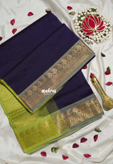 Midnight Blue - Mookuthi Amman Plain Silk Cotton with Mango Border Contrast Pallu and Blouse - Perfect for Wedding Functions