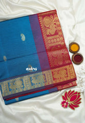 Dark Olympic Blue - Mookuthi Amman Silk Cotton Checks with Mango Buttas and Peacock Border - Best for Wedding Functions
