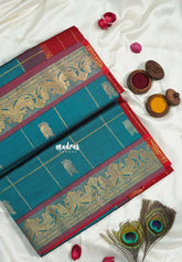 Teal Green - Mookuthi Amman Silk Cotton Checks with Mayil, Rudraksham Buttas - Best for Wedding Functions