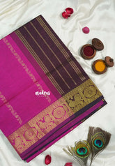 Magenta Pink - Mookuthi Amman Silk Cotton Kodi zari lines Buttas and Peacock Border - Best for Wedding Functions