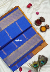Royal Blue - Mookuthi Amman Silk Cotton Kolam and Mango zari lines Buttas and Multi Buttas Border - Best for Wedding Functions