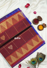 Dark Brown - Mookuthi Amman Silk Cotton Checks with Mayil Gopuram Buttas and Temple Border - Best for Wedding Functions