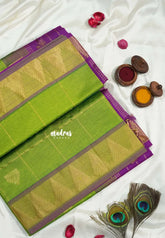 Pretty Parrot Green - Mookuthi Amman Silk Cotton Checks with Mayil Gopuram Buttas and Temple Border - Best for Wedding Functions