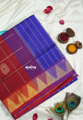 Majestic Maroon - Mookuthi Amman Silk Cotton Checks with Mayil Gopuram Buttas and Temple Border - Best for Wedding Functions
